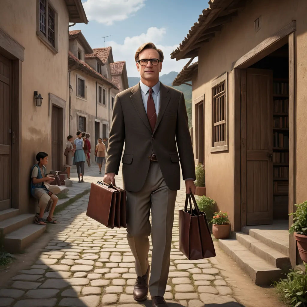 a man in a suit and tie carrying two bags of luggage down a cobblestone street with people walking by, american scene painting, a detailed matte painting, David Brewster, promotional image