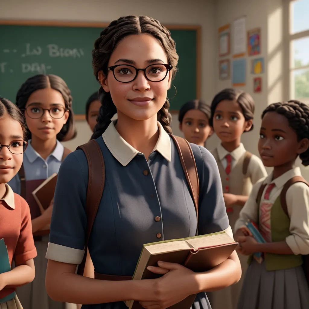a woman teacher standing in front of a group of children in a classroom with a book in her hands, bengal school of art, a computer rendering, Ella Guru, unreal engine highly rendered