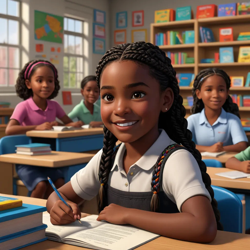 a cartoon girl smiling while sitting at a desk in a classroom with other children behind her and a bookcase full of books, photorealism, a stock photo, Ada Gladys Killins, promotional image