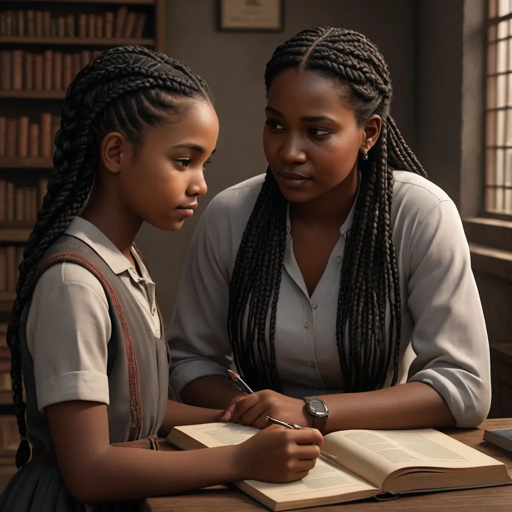 two girls sitting at a table with books and a pen in their hands, looking at a book on the table, harlem renaissance, a poster, Anne Said, movie still