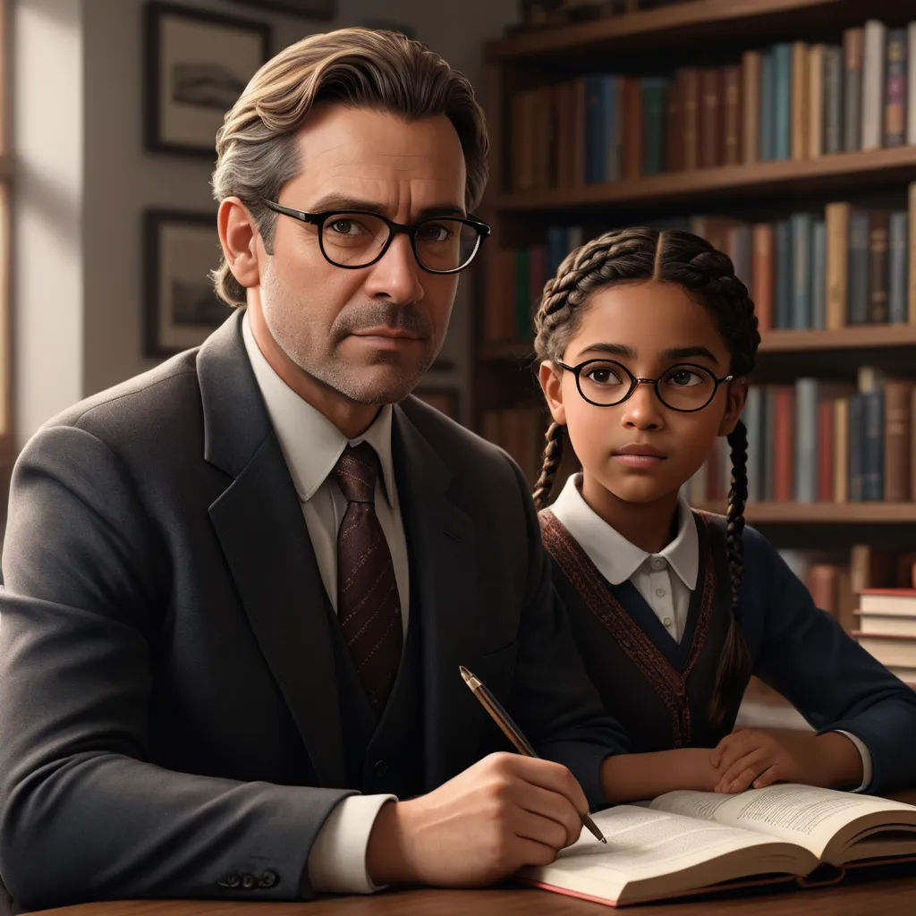 a man and a girl are sitting at a desk in front of a bookcase and a book with a pen in it, american scene painting, a storybook illustration, Anne Said, promotional image