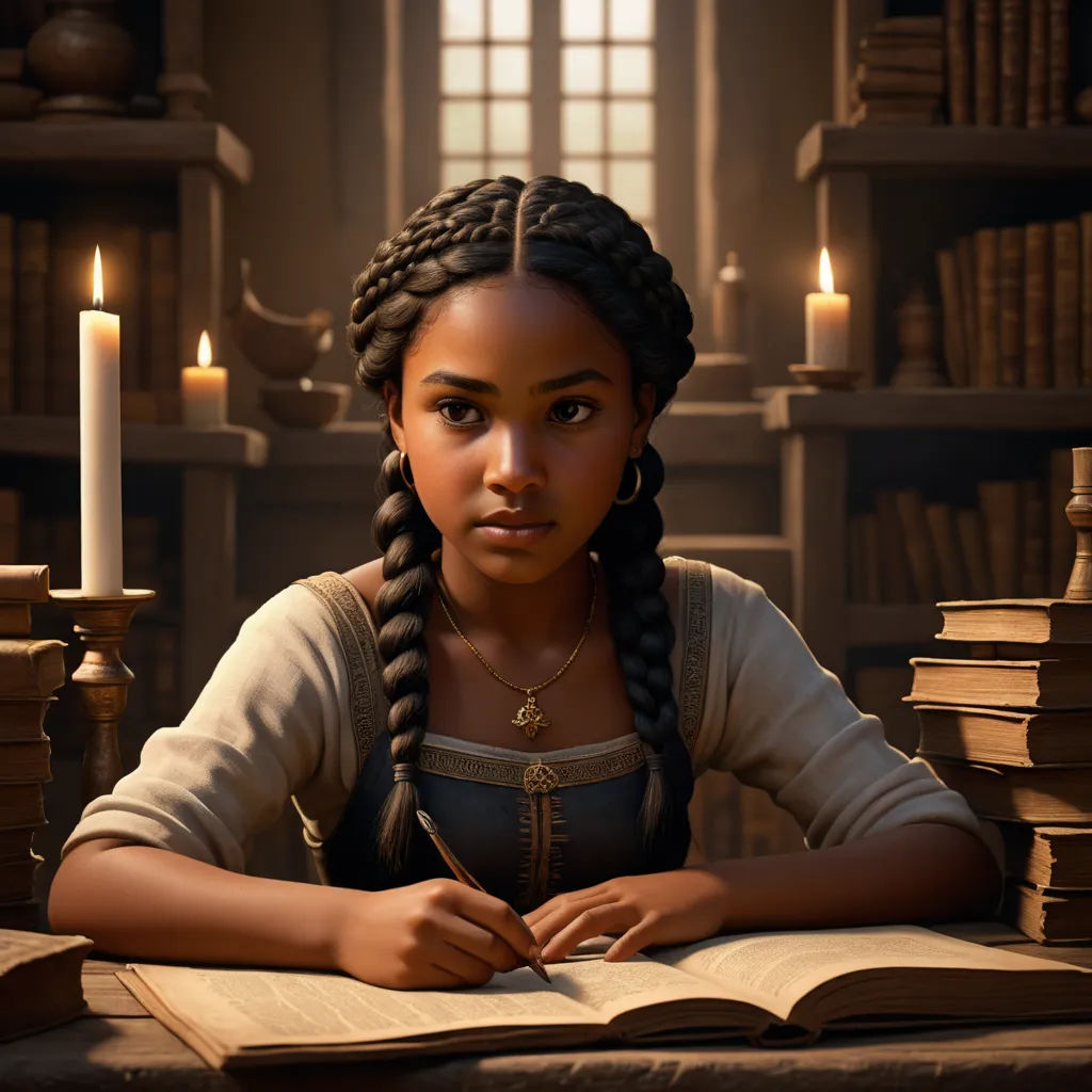 a girl sitting at a table with a book and a candle in front of her and a book on the table, fantasy art, a character portrait, Chris LaBrooy, unreal render