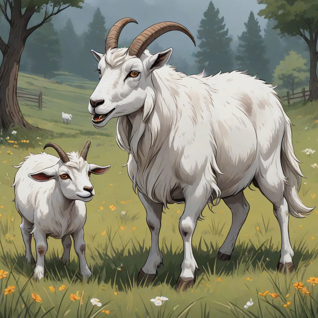 a goat and a baby goat standing in a field of grass and flowers with trees in the background and a sky with clouds, concept art, Christophe Vacher, altermodern, official art
