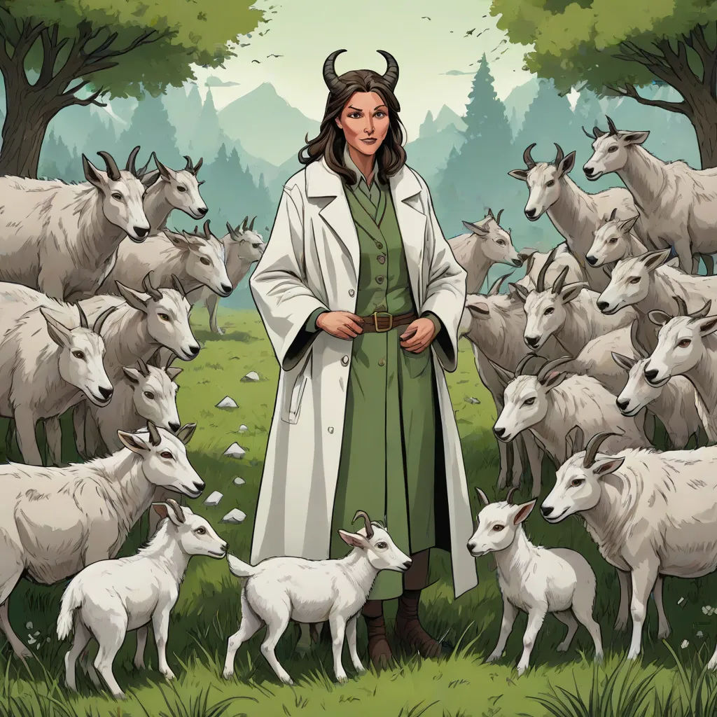a woman in a green dress standing in front of a herd of goats in a field with trees and grass, a character portrait, Clarice Beckett, serial art, leesha hannigan