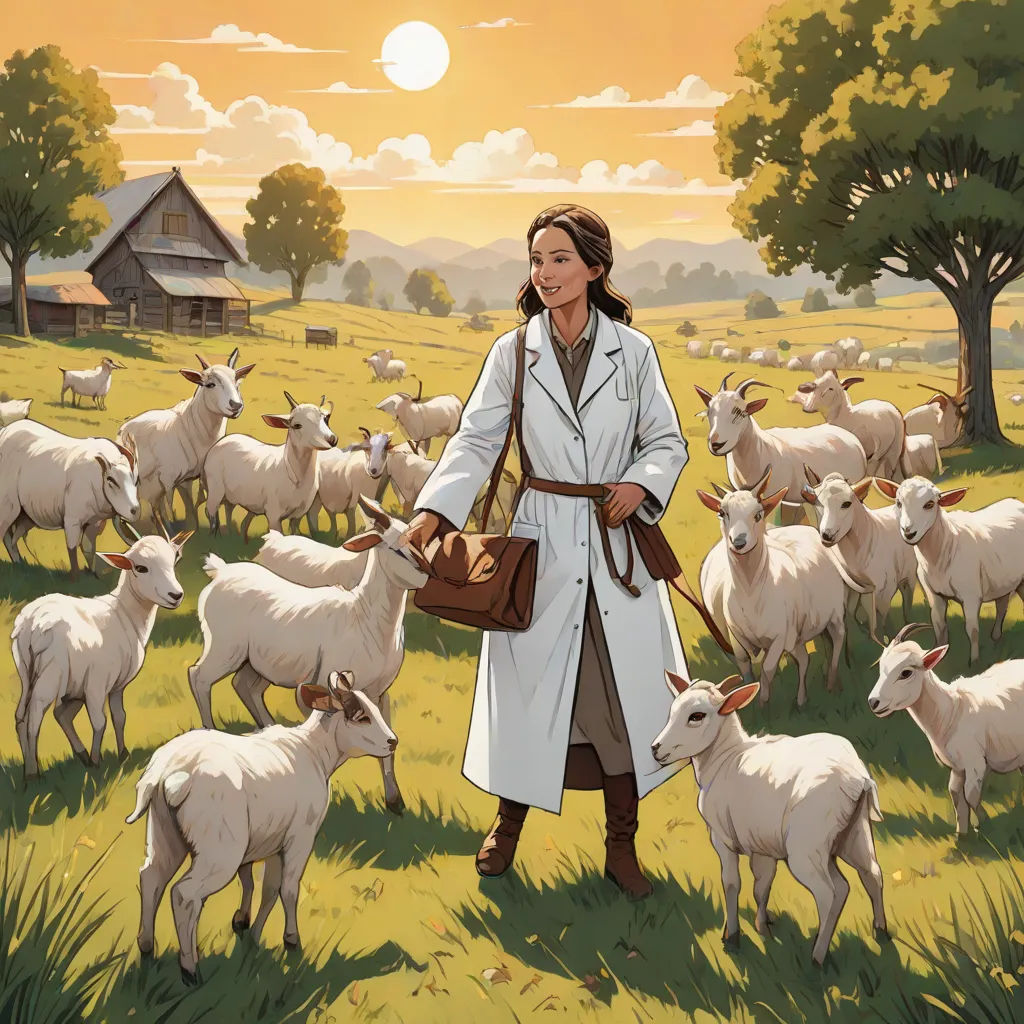 a painting of a woman in a field with sheep and a barn in the background with a sunset in the background, a storybook illustration, F. Scott Hess, figurativism, promotional image