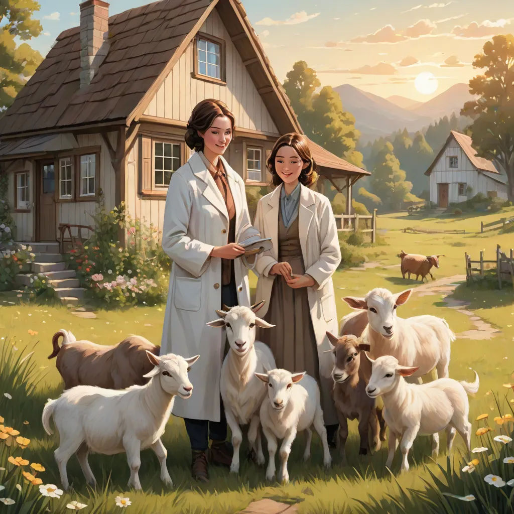 a painting of two women standing in front of a herd of sheep in a field with a house in the background, a storybook illustration, Brothers Hildebrandt, american scene painting, kinkade