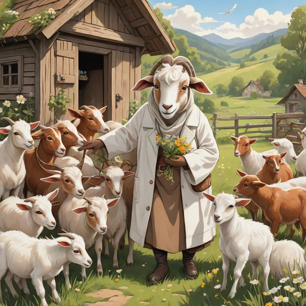 a painting of a man with a bunch of sheep in a field with a barn in the background and a dog in the foreground, a storybook illustration, Chris LaBrooy, furry art, furaffinity