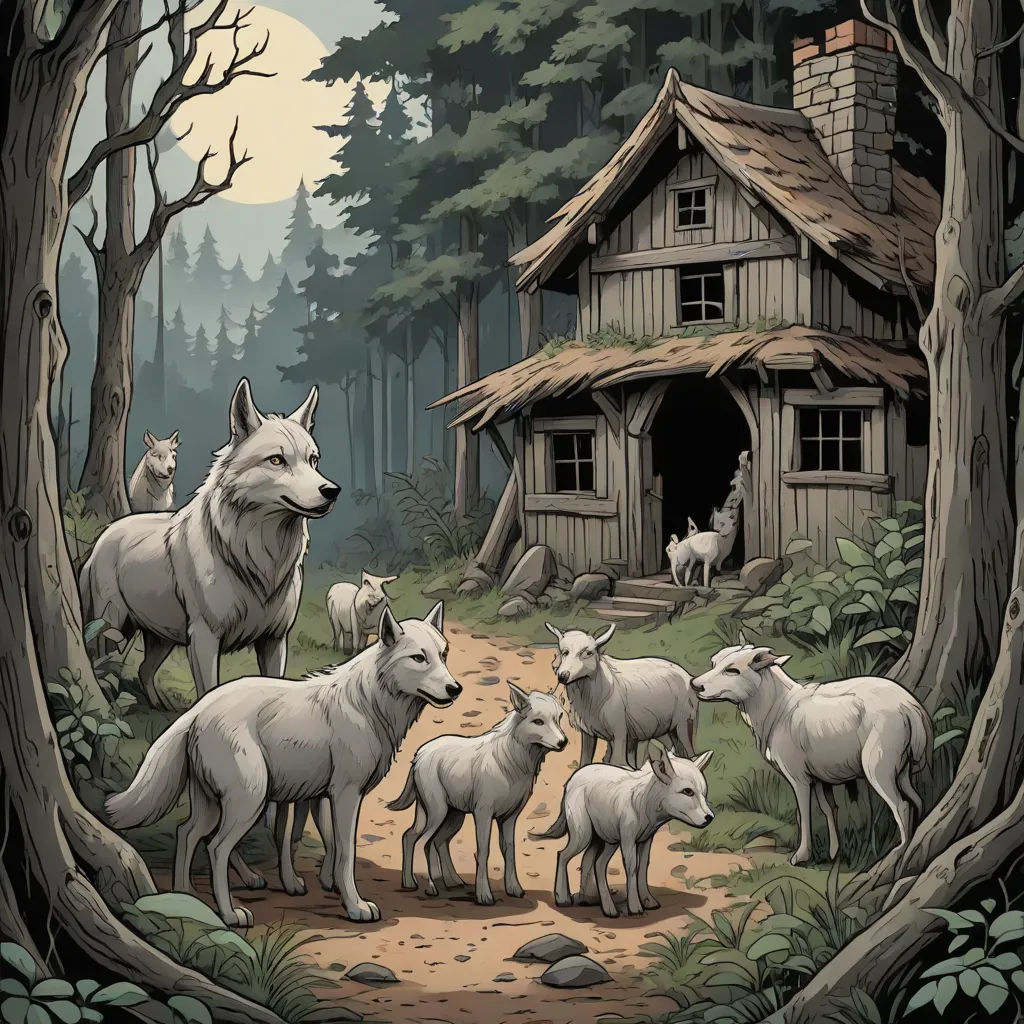 a group of animals standing in front of a house in the woods with a dog and a wolf nearby, a storybook illustration, Dan Mumford, fantasy art, storybook illustration
