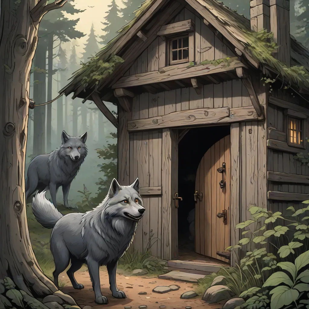 a painting of two wolfs in front of a cabin in the woods with a door and a window, a storybook illustration, Brom, fantasy art, official art
