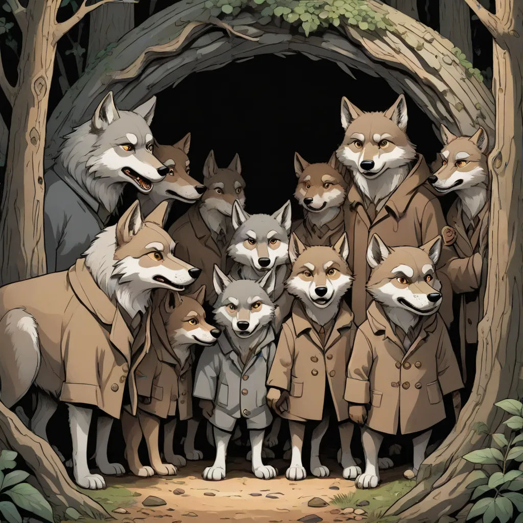 a group of foxes in a forest with a man in a trench coat and a group of foxes in a tunnel, a storybook illustration, Aaron Jasinski, furry art, furaffinity