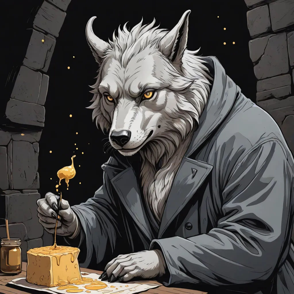 a wolf in a coat eating a piece of cake with honey on it and a candle in his hand, a character portrait, Aaron Jasinski, furry art, dnd character portrait