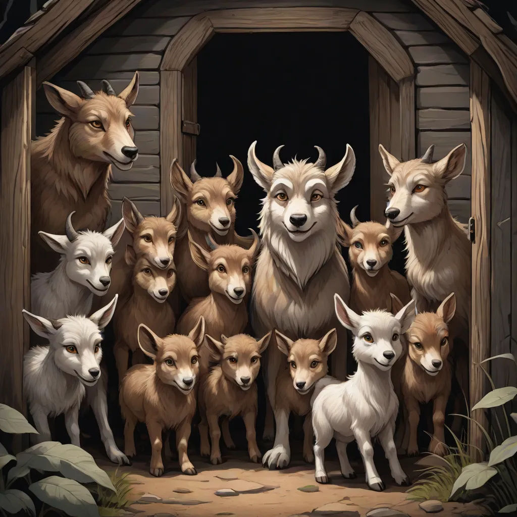 a group of animals standing in front of a small hut with a door open to it's entrance, an album cover, David Teniers III, altermodern, furaffinity