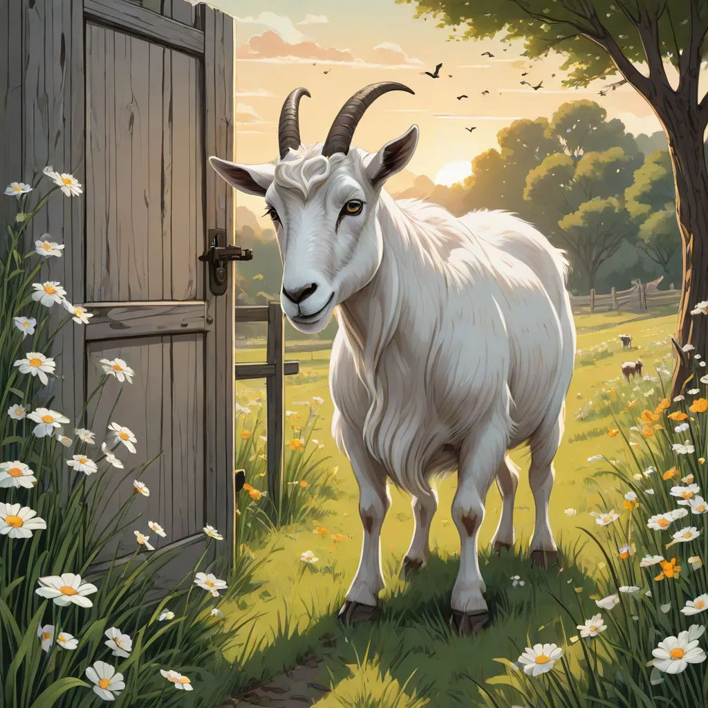 a goat standing in a field next to a wooden door with daisies around it and a bird flying overhead, a storybook illustration, Chris LaBrooy, altermodern, official art