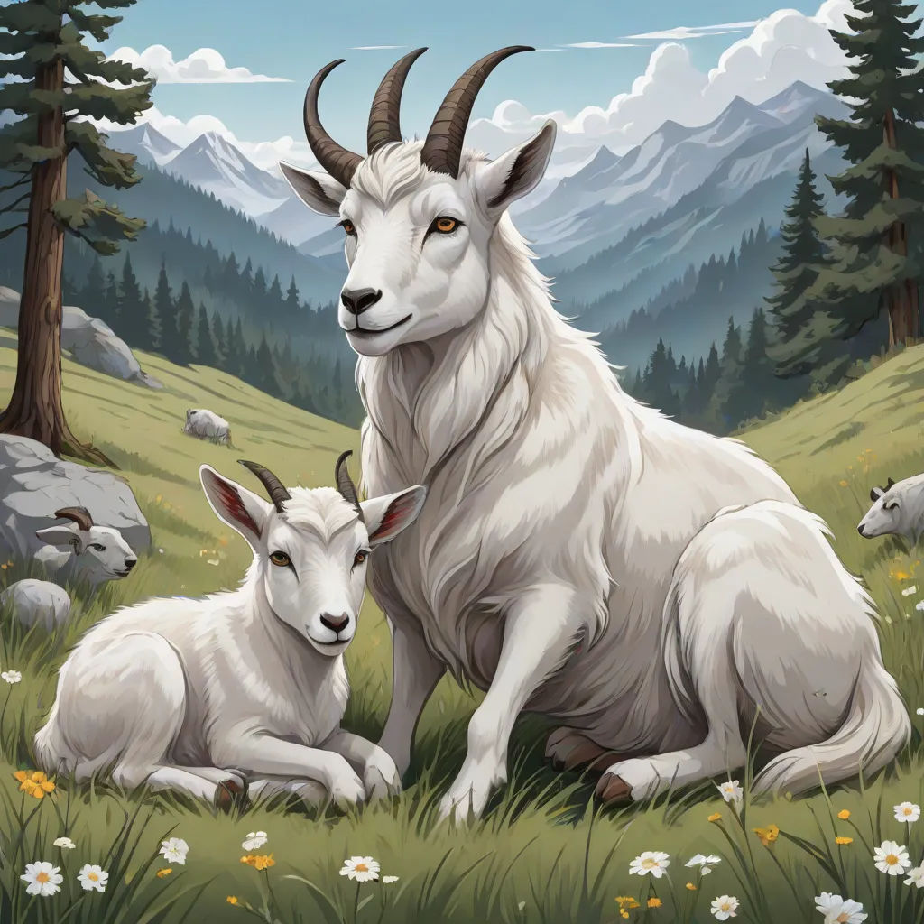 a painting of two goats sitting in a field of grass and flowers with mountains in the background and clouds in the sky, a storybook illustration, Chris LaBrooy, furry art, official art