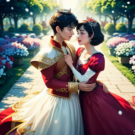 a couple dressed in renaissance clothing standing next to each other in a garden with flowers and trees in the background