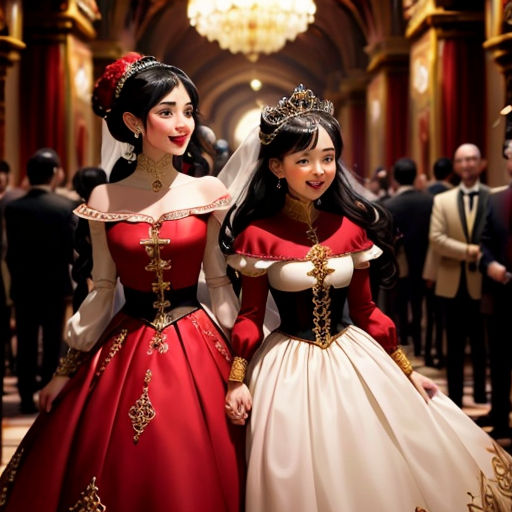 two women in dresses standing next to each other in a hallway with people in suits and ties on the floor
