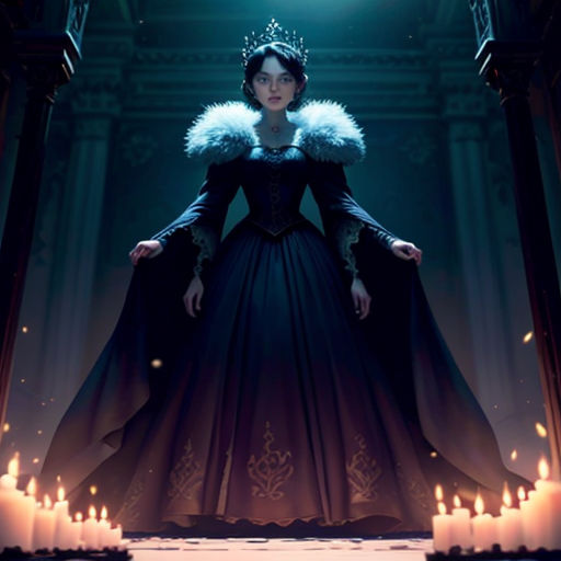 a woman in a gown and crown standing in front of candles in a dark room with a light on