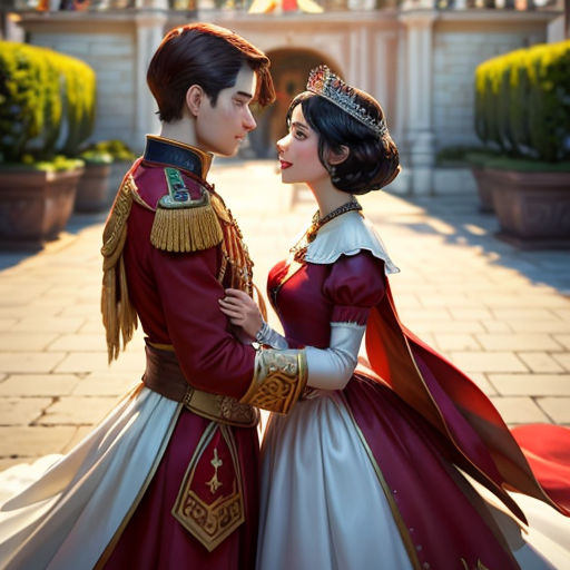a couple dressed in renaissance clothing standing next to each other in front of a building with a fountain in the background