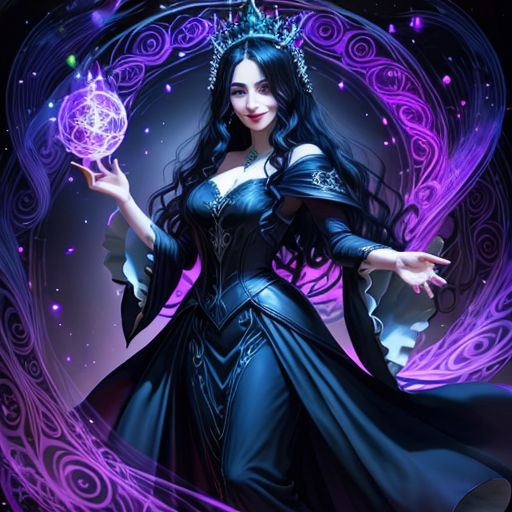 a woman in a blue dress holding a crystal ball in her hand and a purple background with a swirl