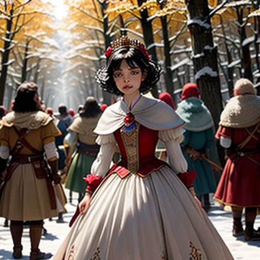 a woman in a dress standing in the snow with other people in the background wearing costumes and hats and coats