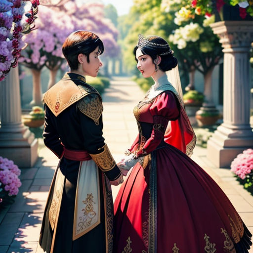 a couple dressed in renaissance clothing standing next to each other in a garden with flowers and trees in the background