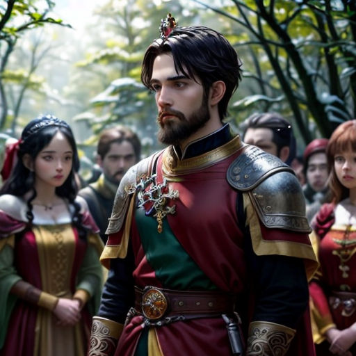 a group of people in medieval costumes standing in a forest with trees in the background and a man in a crown