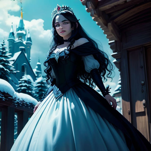 a woman in a blue dress standing in front of a castle with snow on it and a snow covered roof