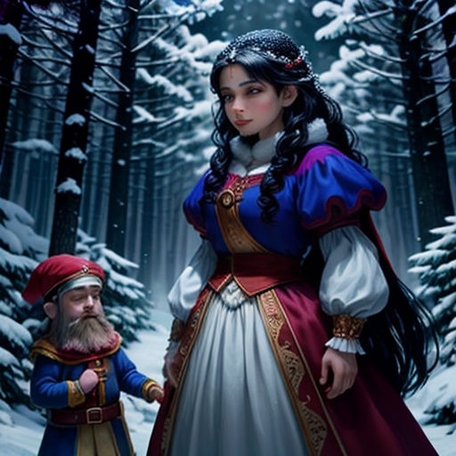 a painting of a man and woman in a snowy forest with trees and snow covered ground, one of them is holding the hand of the other