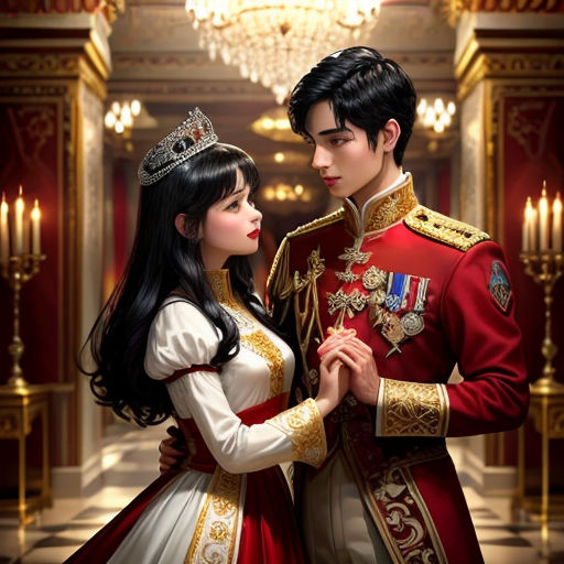 a man and a woman dressed in red and gold are standing in a room with chandeliers and chandeliers
