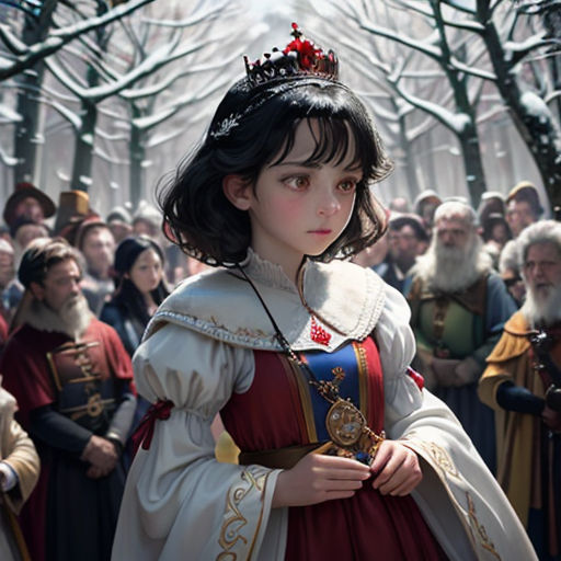 a young girl in a red and white dress standing in front of a crowd of people in costume and tiara