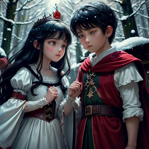 a couple of kids standing next to each other in the snow wearing costumes and holding hands together, with a forest in the background