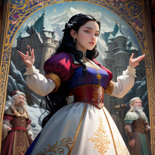 a woman dressed in a costume standing in front of a painting of a castle and a man in a suit