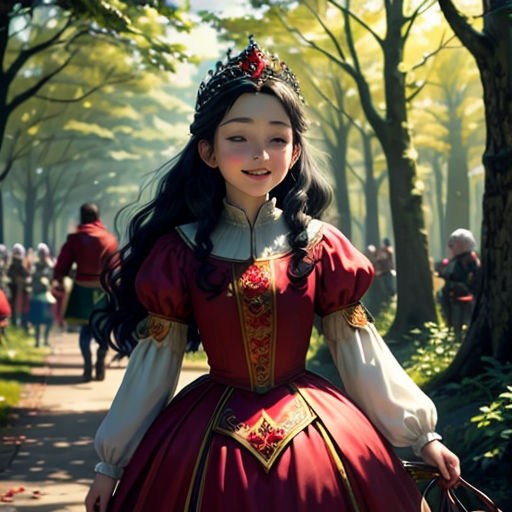 a woman in a red dress is walking down a path in a park with people in the background and trees