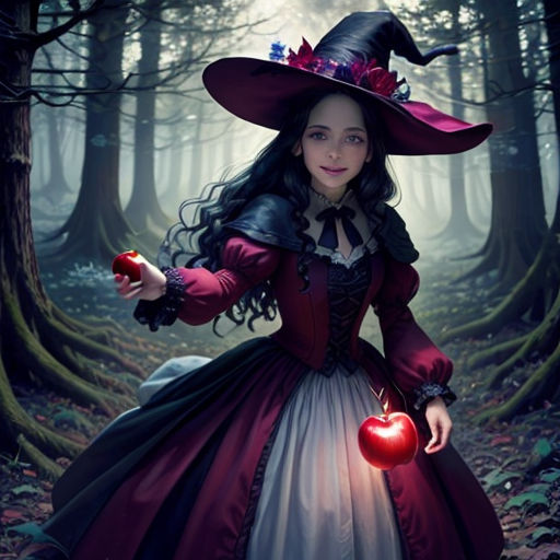 a woman dressed in a costume holding an apple in a forest with a witch hat on her head and a red apple in her hand