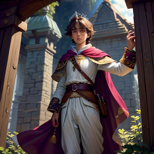 a man in a white and purple outfit standing in front of a castle entrance with a red cape on