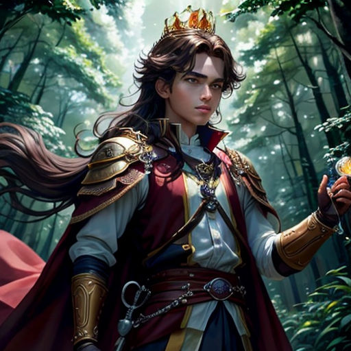 a woman in a crown holding a gold coin in a forest with trees and bushes behind her, with a red cape on
