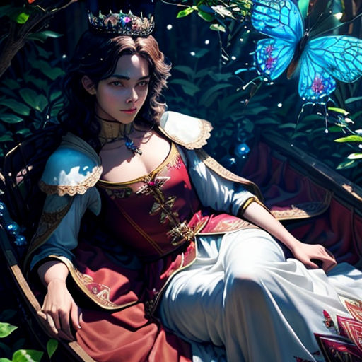 a woman in a red dress sitting on a bench with a butterfly flying above her head and a butterfly on her shoulder