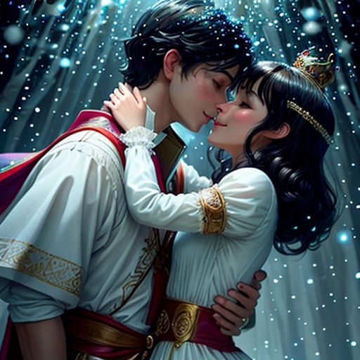 a painting of a couple kissing under a star filled sky with stars falling down on them and a man in a red cape