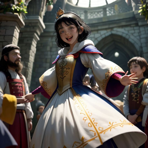 a woman in a dress is standing in front of a group of people in costume and talking to each other