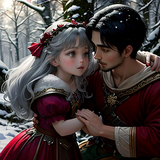 a man and a woman in a snowy forest with trees and snow covered ground, one of them is hugging the other