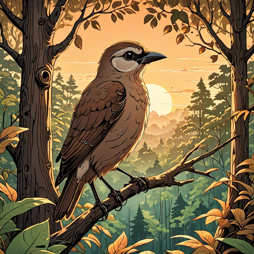 a bird sitting on a branch in a forest with trees and foliage at sunset with a sun setting in the background, naturalism, a storybook illustration, Dan Mumford, highly detailed digital painting