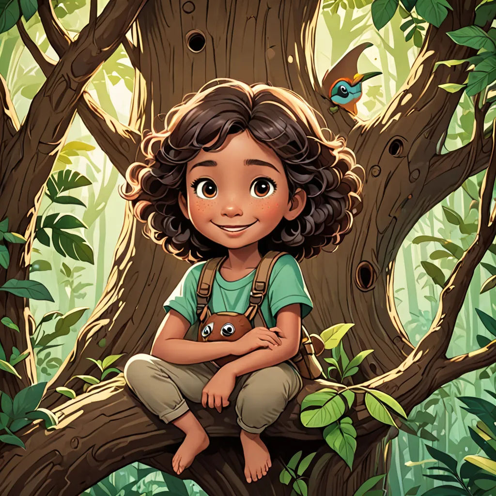 a girl sitting on a tree branch with a teddy bear in her lap and a bird flying above her, fantasy art, a storybook illustration, Cliff Childs, comic cover art