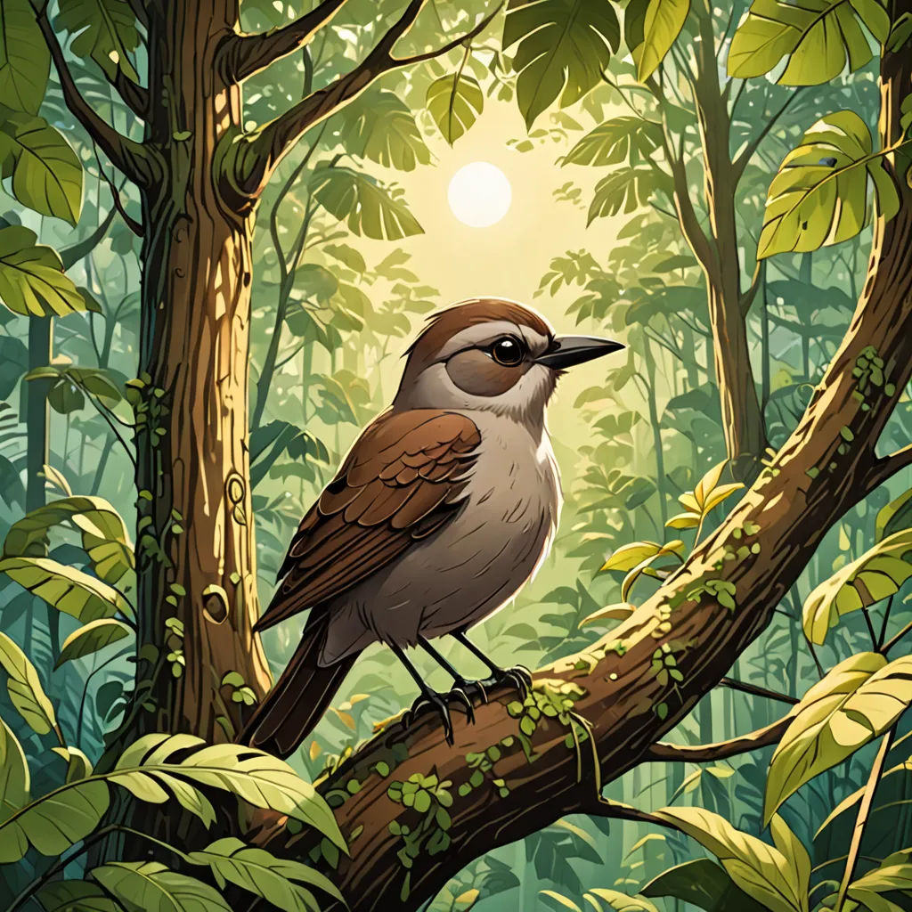a bird sitting on a branch in a forest with sun shining through the trees and leaves on the ground, fantasy art, a storybook illustration, Dan Mumford, highly detailed digital painting
