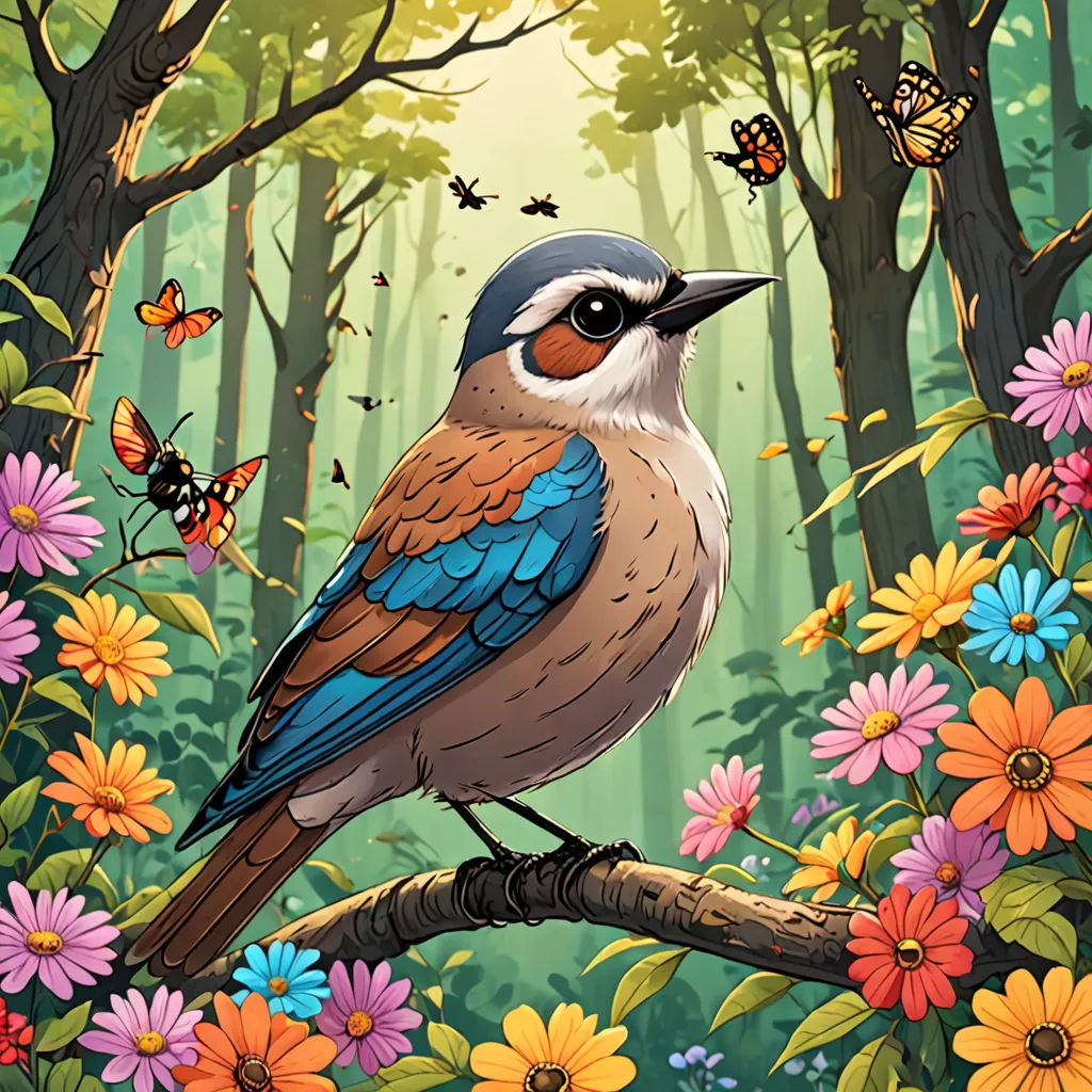 a bird sitting on a branch in a forest with flowers and butterflies around it and a butterfly flying above, fantasy art, a storybook illustration, Chris LaBrooy, highly detailed digital painting