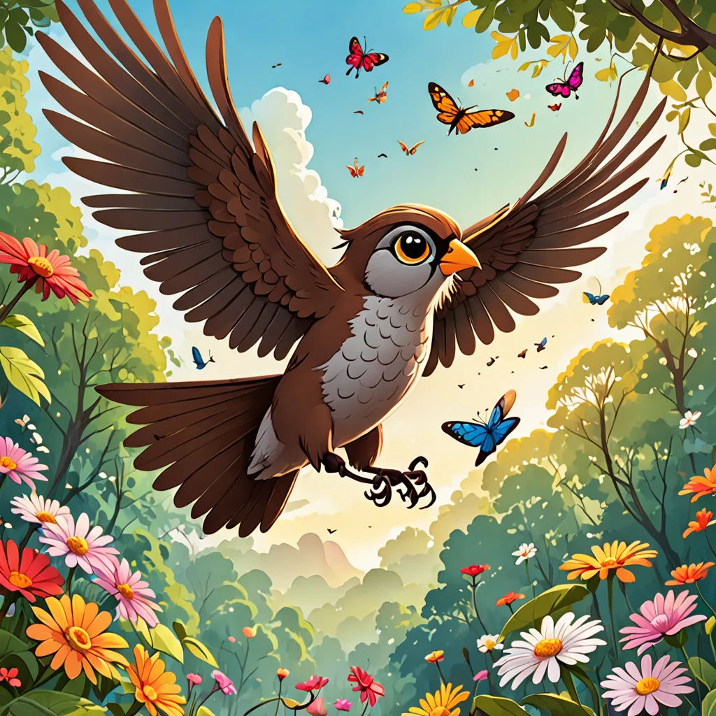 a bird flying over a lush green forest filled with flowers and butterflies on a sunny day with a blue sky, fantasy art, a storybook illustration, Chris LaBrooy, birds