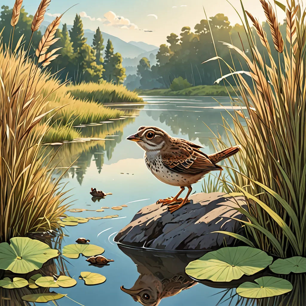 a bird is standing on a rock in the water near a pond with lily pads and reeds and a few ducks, american scene painting, a storybook illustration, Dan Mumford, highly detailed digital painting