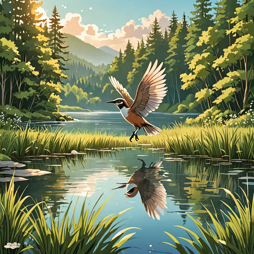 a bird flying over a lake surrounded by trees and grass with a forest in the background and a lake in the foreground, environmental art, a storybook illustration, Dan Mumford, rossdraws global illumination