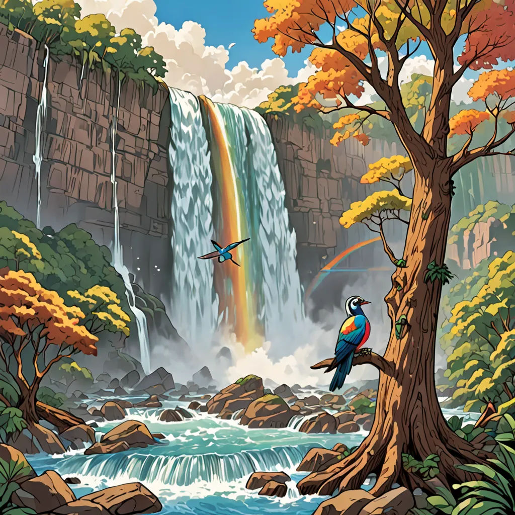 a painting of a waterfall with a bird on it and a bird flying over it, and a bird in the foreground, fantasy art, a storybook illustration, Chris LaBrooy, waterfall