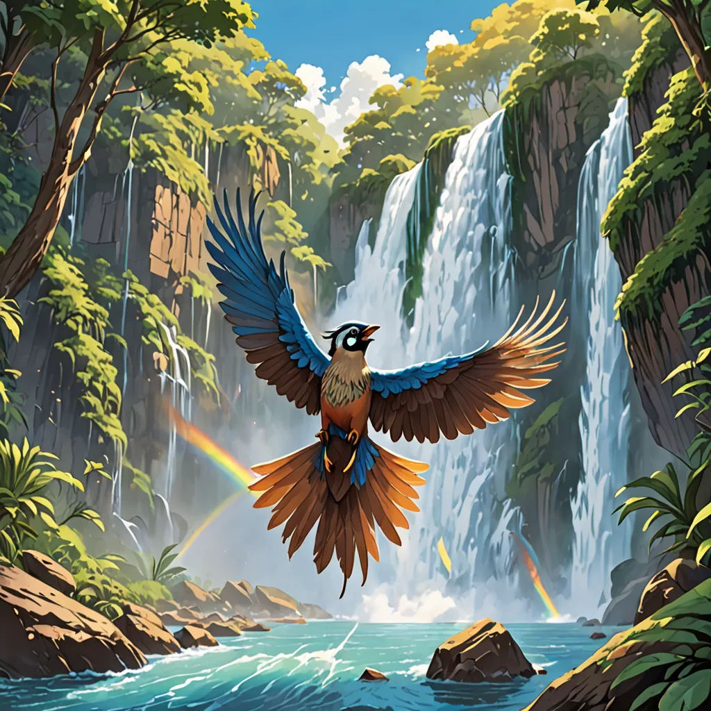 a bird flying over a waterfall with a rainbow in the background and a rainbow in the sky above it, fantasy art, a storybook illustration, Chris LaBrooy, official art
