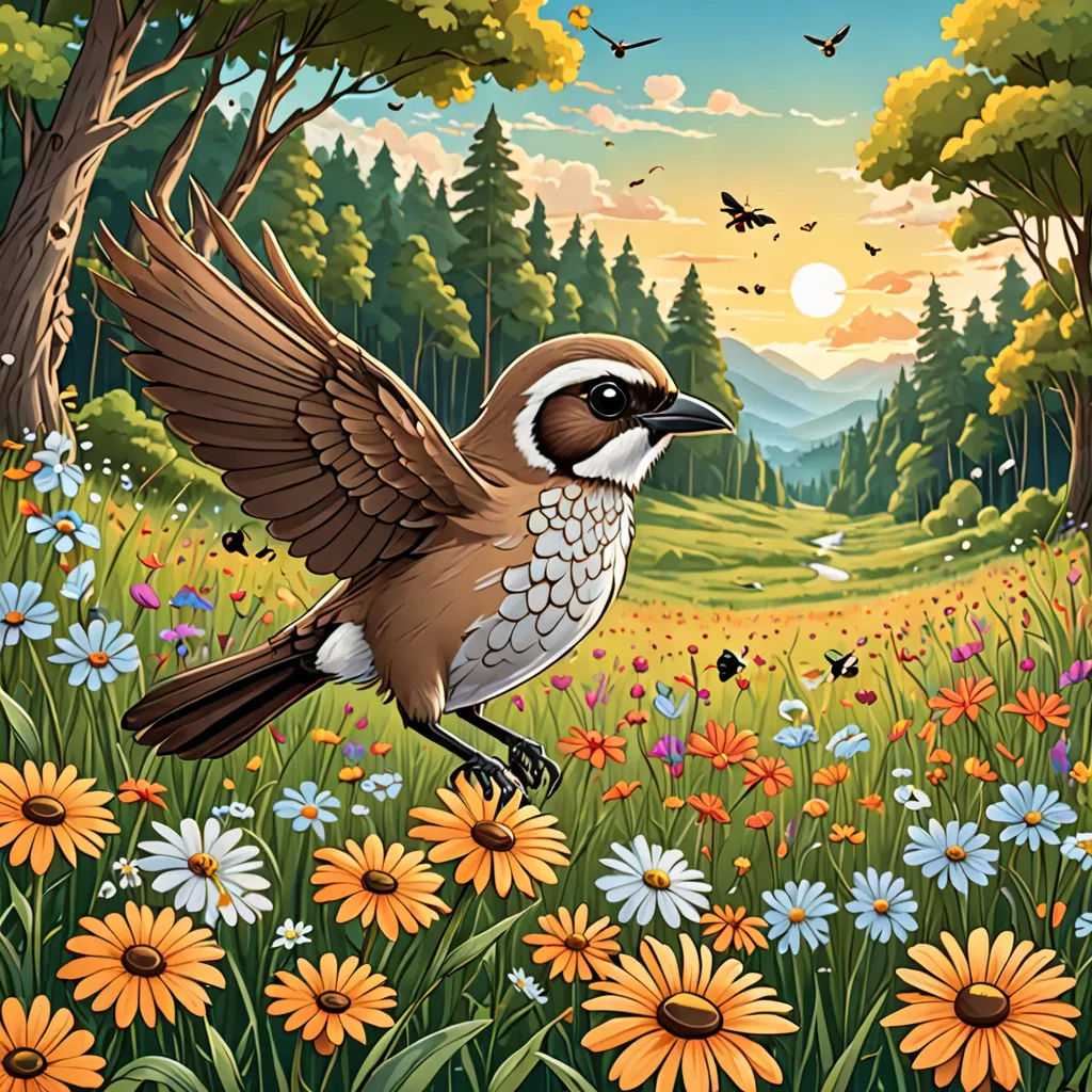 a bird flying over a field of flowers and trees with a sunset in the background and a bird flying over the field, fantasy art, a storybook illustration, Dan Mumford, highly detailed digital painting